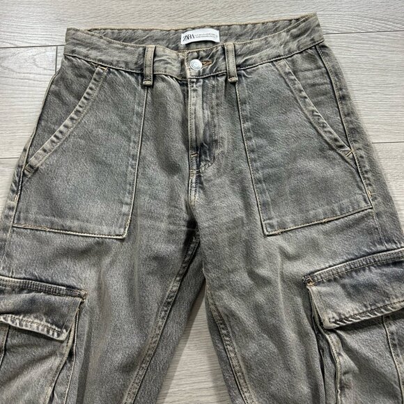 Zara Mid Rise Gray Cargo Jeans Pants with Pockets - Picture 5 of 14